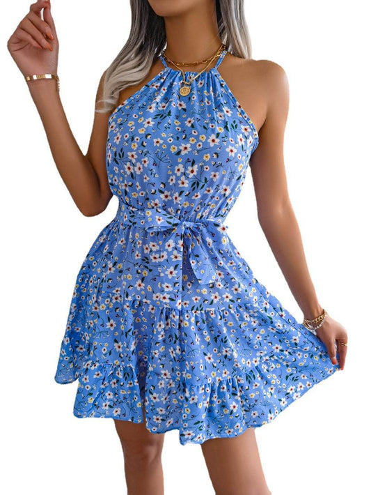 Spring Summer European And American Mini Tie belt summer Sundress Floral Halter neck dress - Velora