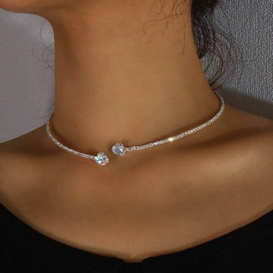 Fashion Jewelry Rhinestone Heart Collar Choker Necklace For Women Silver Color Simple Open Collar Necklace Torques Jewelry Accessories - Velora