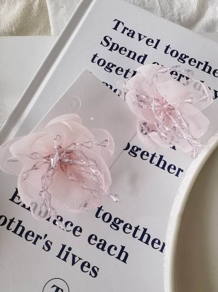 Temperament Flower Sweet Tulle Beaded Exaggerated Earrings - Velora