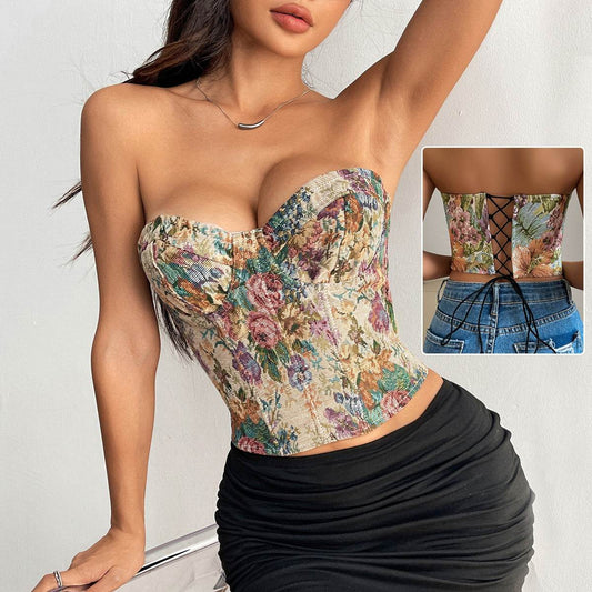 Y2K Floral Print Tube Vest Top With Back-tied Design INS Fashion Crop Corset Tank For Women Clothing - Velora