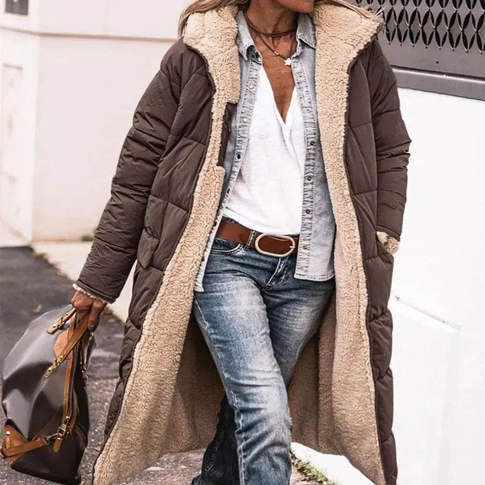 Classy Fleece lined Long Hooded Puffer Winter coat for women - Velora