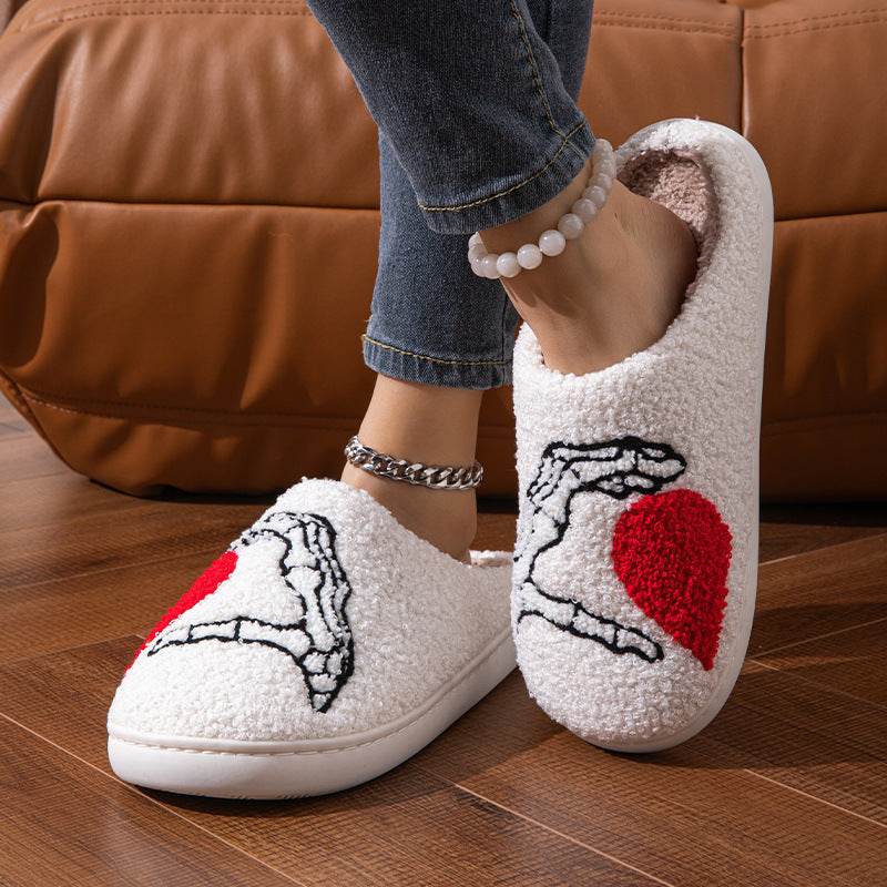 Funny Halloween Love Skull-hand Slippers Home Non-slip Soft Bottom Cotton Floor Bedroom Slippers Winter Warm House Shoes For Women Men - Velora