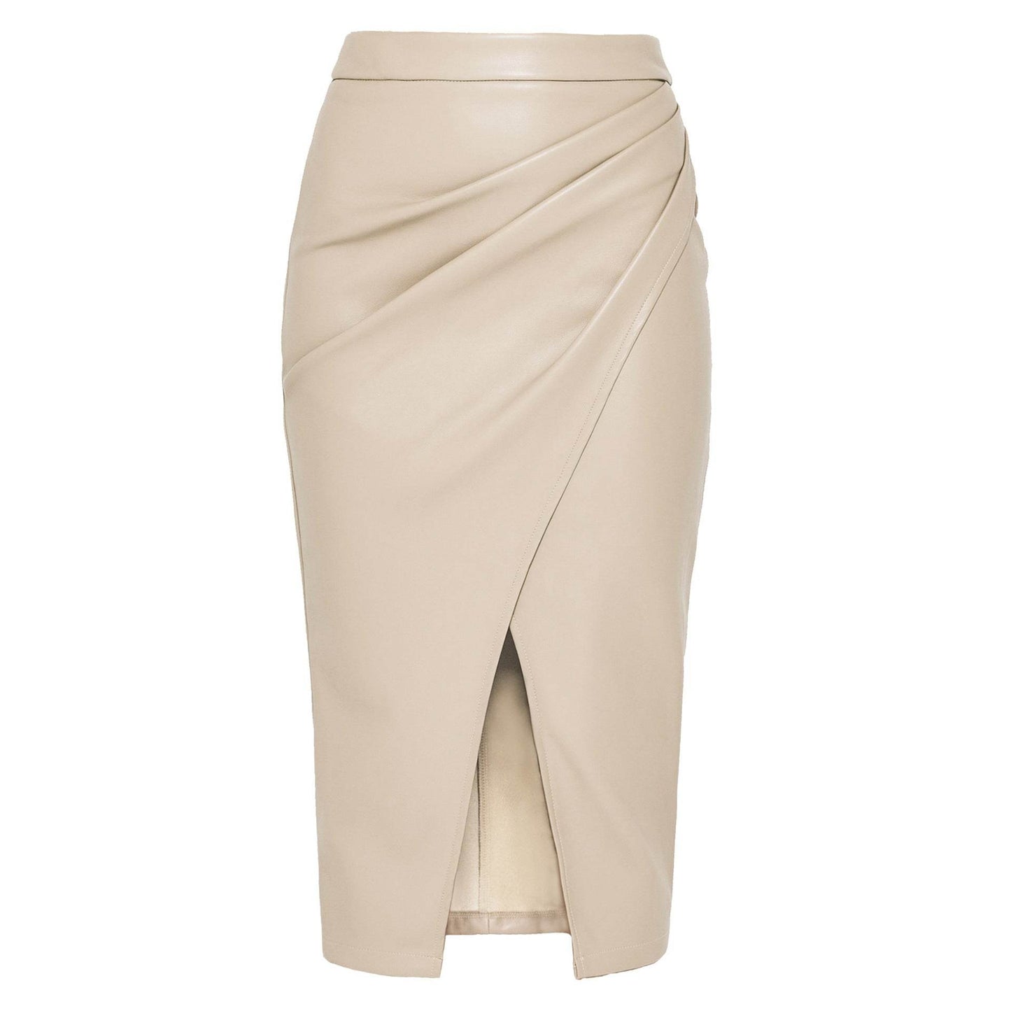 Women Formal Work Office Business High Waist Front Slit Midi Leather Skirt - Velora