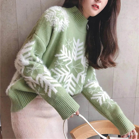 Snowflakes Crewneck Christmas Cashmere Sweater women - Velora