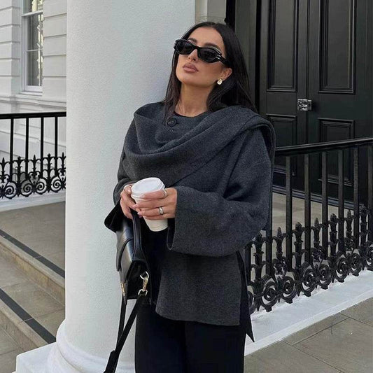 Solid Knitted Cardigan With Asymmetrical Scarf Design Fashion Short Coat Women Overcoat Jacket Winter - Velora