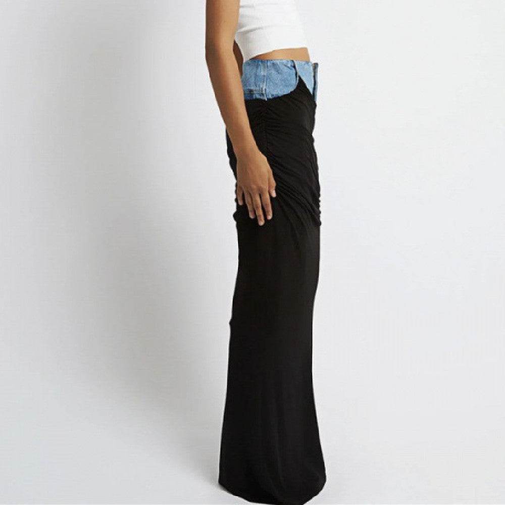 Fashion Black Panel Long Pencil Denim Skirt - Velora