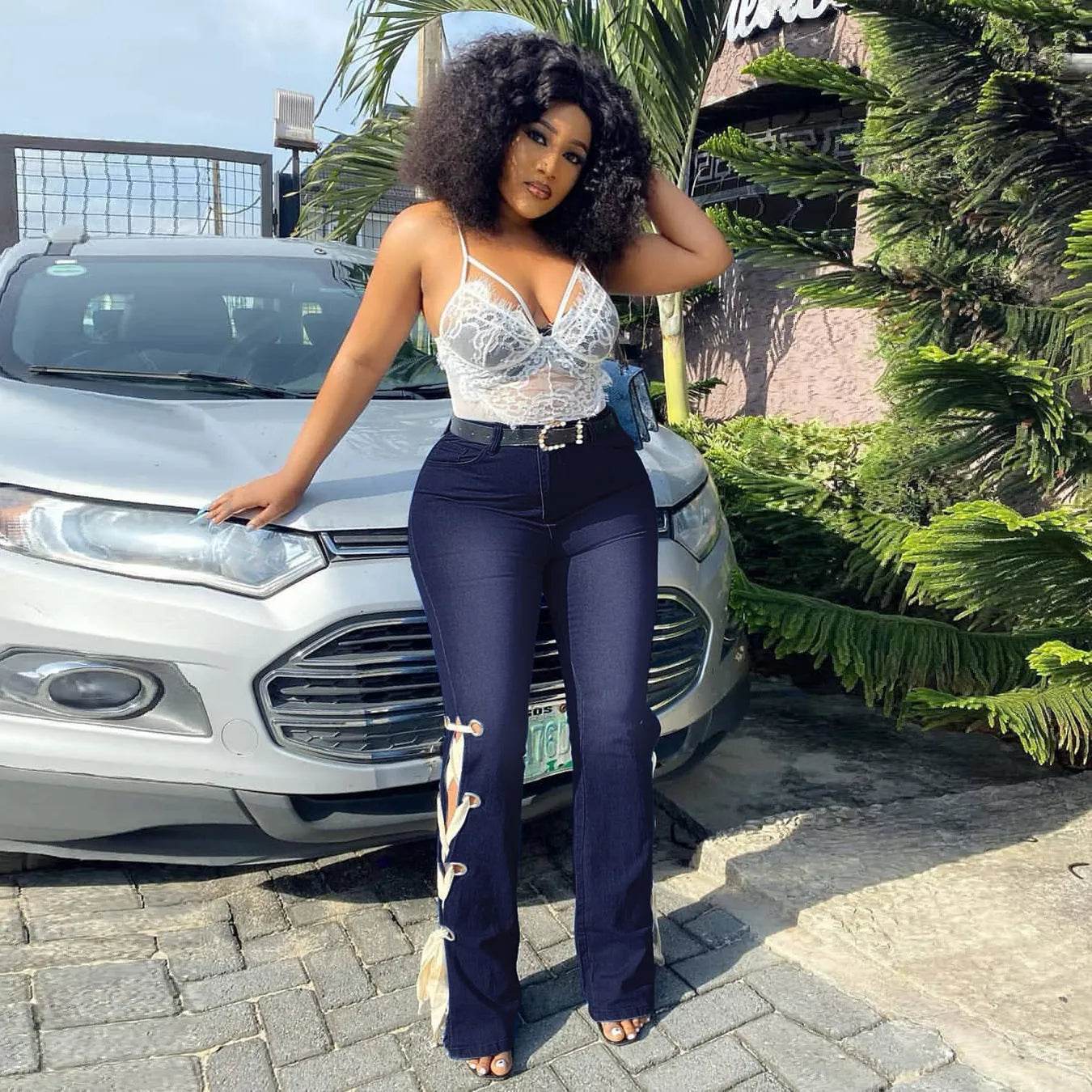 Solid Color Jeans Lace Up Bootcut Trousers - Velora