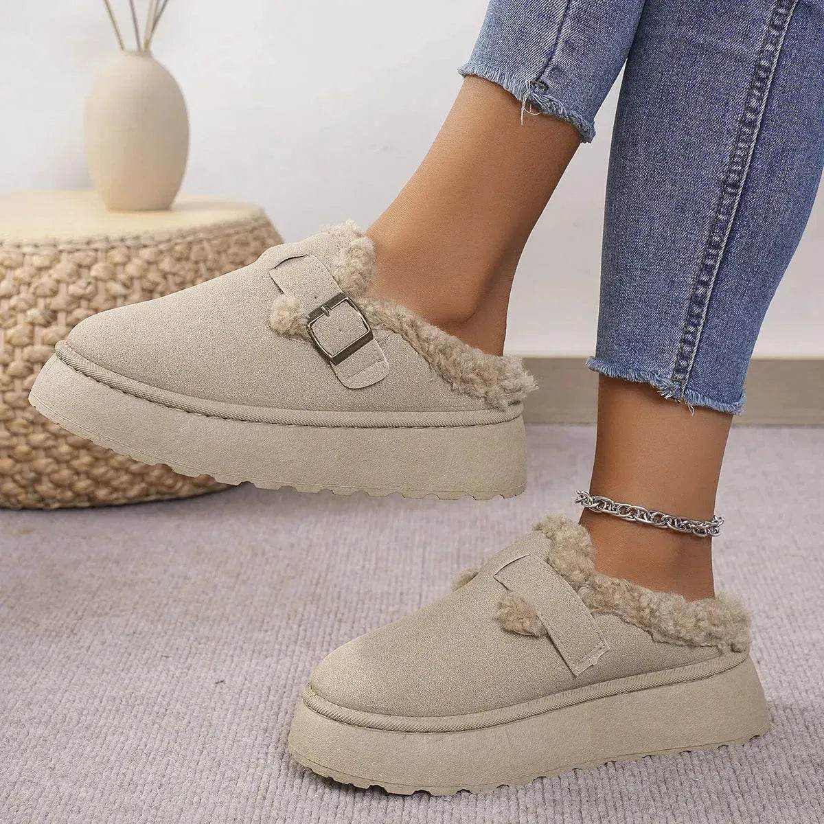 Fashion Thick-soled Plush Buckle Cotton Home platform Winter Slippers Indoor And Outdoor Casual Warm Women Garden Slipper - Velora