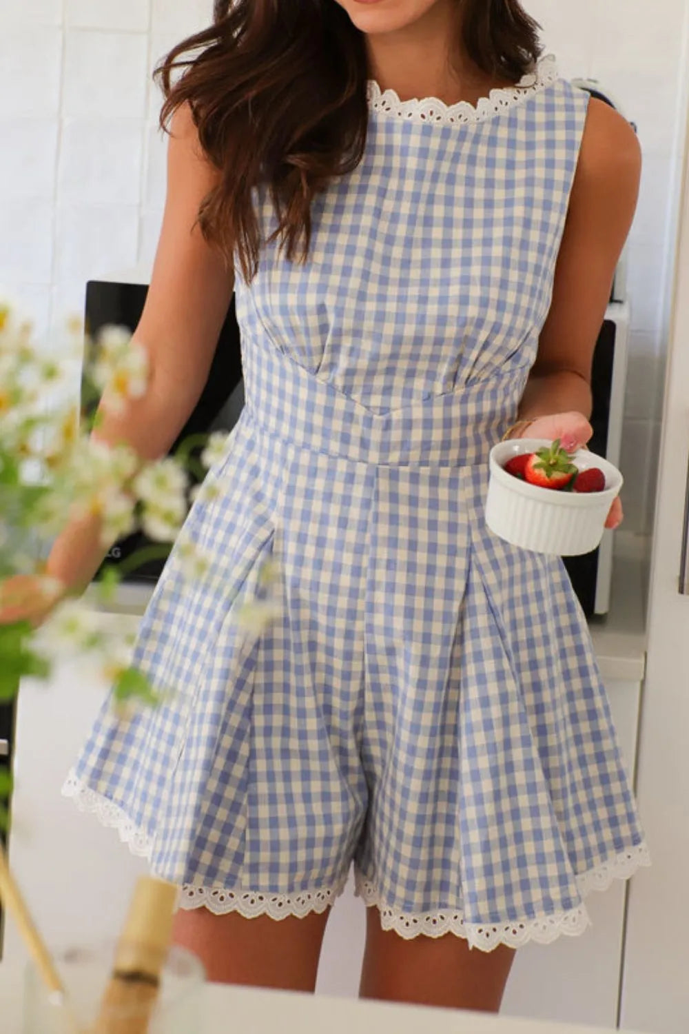 Lace Detail Plaid Sleeveless Romper - Velora