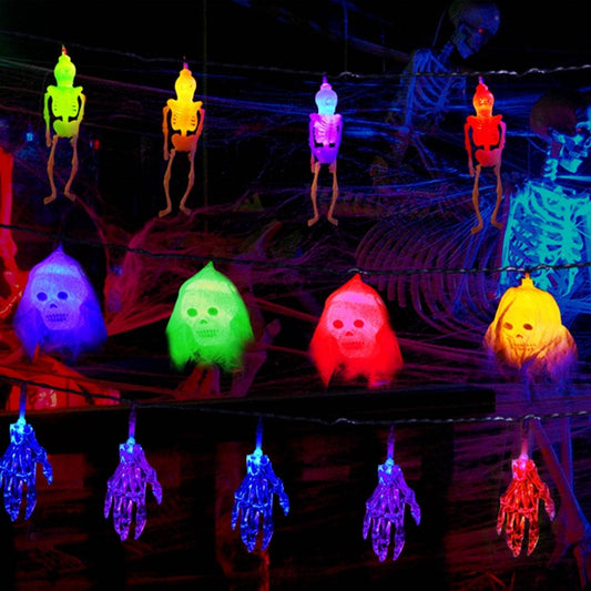 Set Of 3Pcs Halloween Light Decorations Total 50 LEDs 24ft Halloween String Lights Colorful 3D Skeleton Ghost String Lights Gauze Skull String Lights Spooky Hands String Lights For Indoor Outdoor Part - Velora