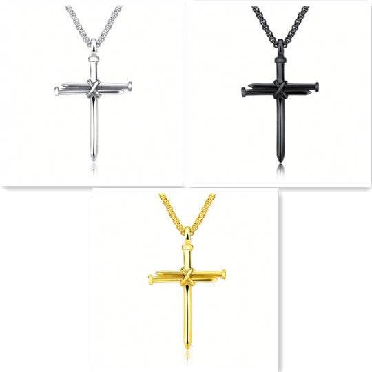 Steel Gold Black Color Fashion Mens Iron Nail Cross Pendant Necklace Stainless Steel 3mm Round Box Chain Jewelry Gift For Men - Velora