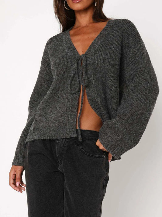 Open Front Tied Sweater Cardigan - Velora
