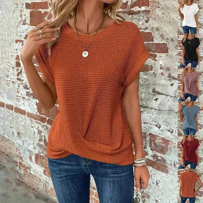 Casual Summer Short-sleeved Waffle blouse Top Summer New Solid Color Casual Evening Top For Women - Velora
