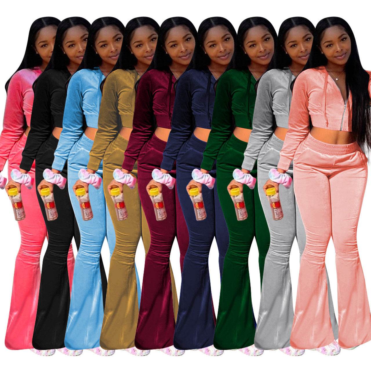 Women 2pcs Velvet Hoodie Wide leg Pant Crop top sweatsuit Athleisure Outfit - Velora