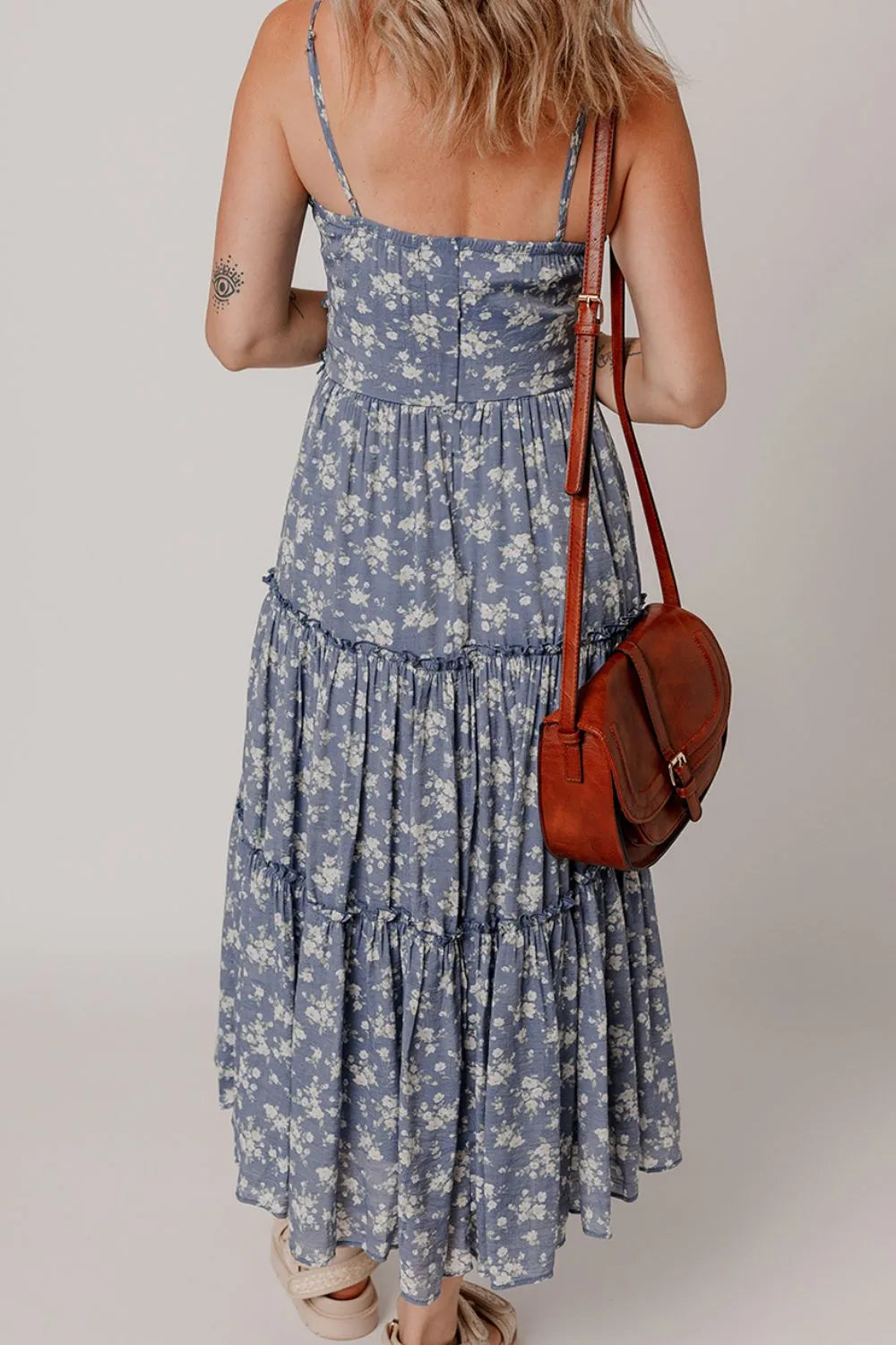 Floral Spaghetti Strap Frilled V Neck Tiered Midi Dress - Velora