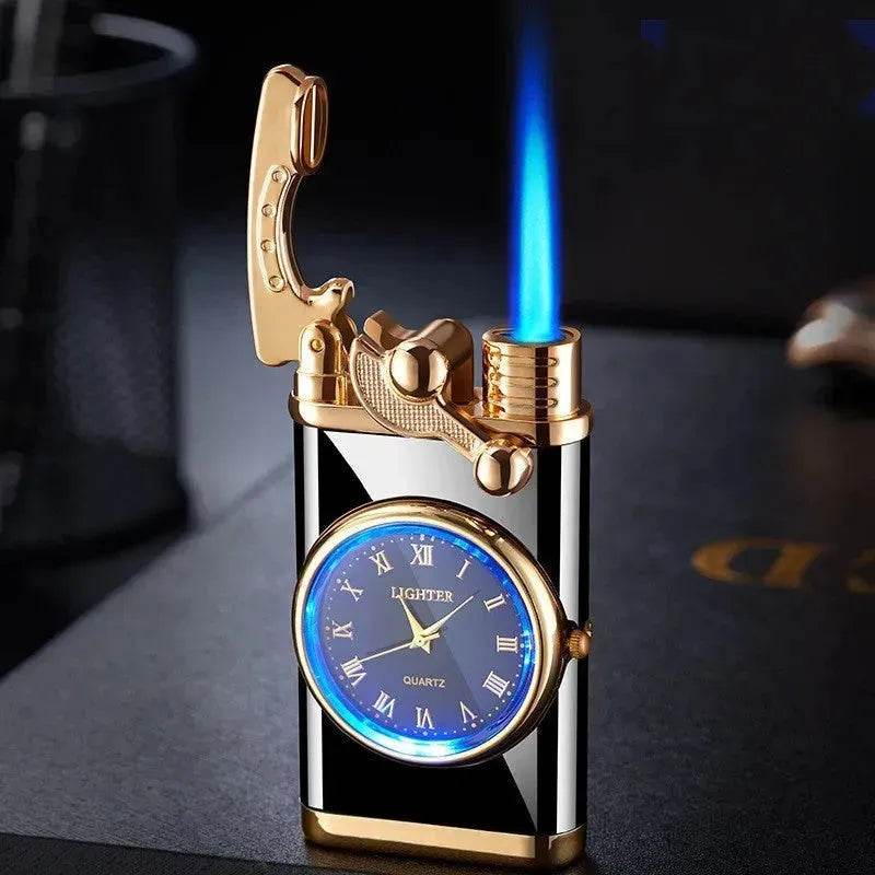 New Lighter With Electric Watch Rocker Arm Automatic Ignition Straight Blue Flame Lighter Creative Real Dial Inflatable Windproof Cigar Lighter Men's Watch Gift - Velora