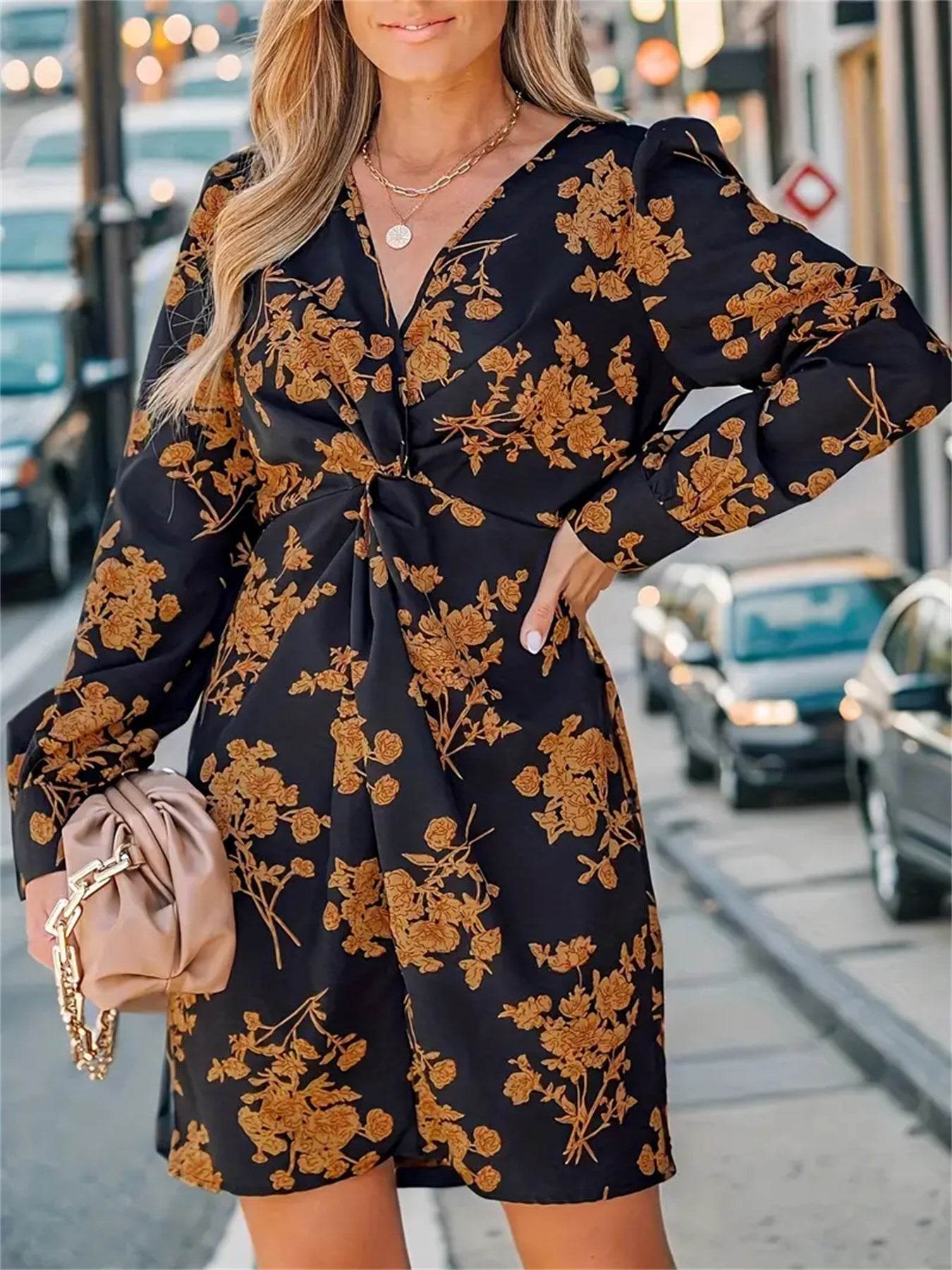 Casual Spring V-neck long sleeve Floral mini dress - Velora
