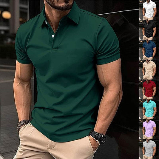 Summer Short Sleeve Polo Shirt Men Solid Color Button Lapel Button Top - Velora