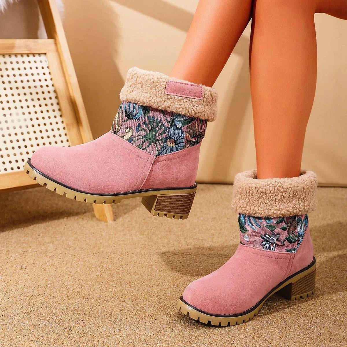 Flowers Embroidered Snow Boots Ethnic Style Platform Thick Square Heel Mid-tube Boot Winter Warm Cotton Shoes For Women - Velora