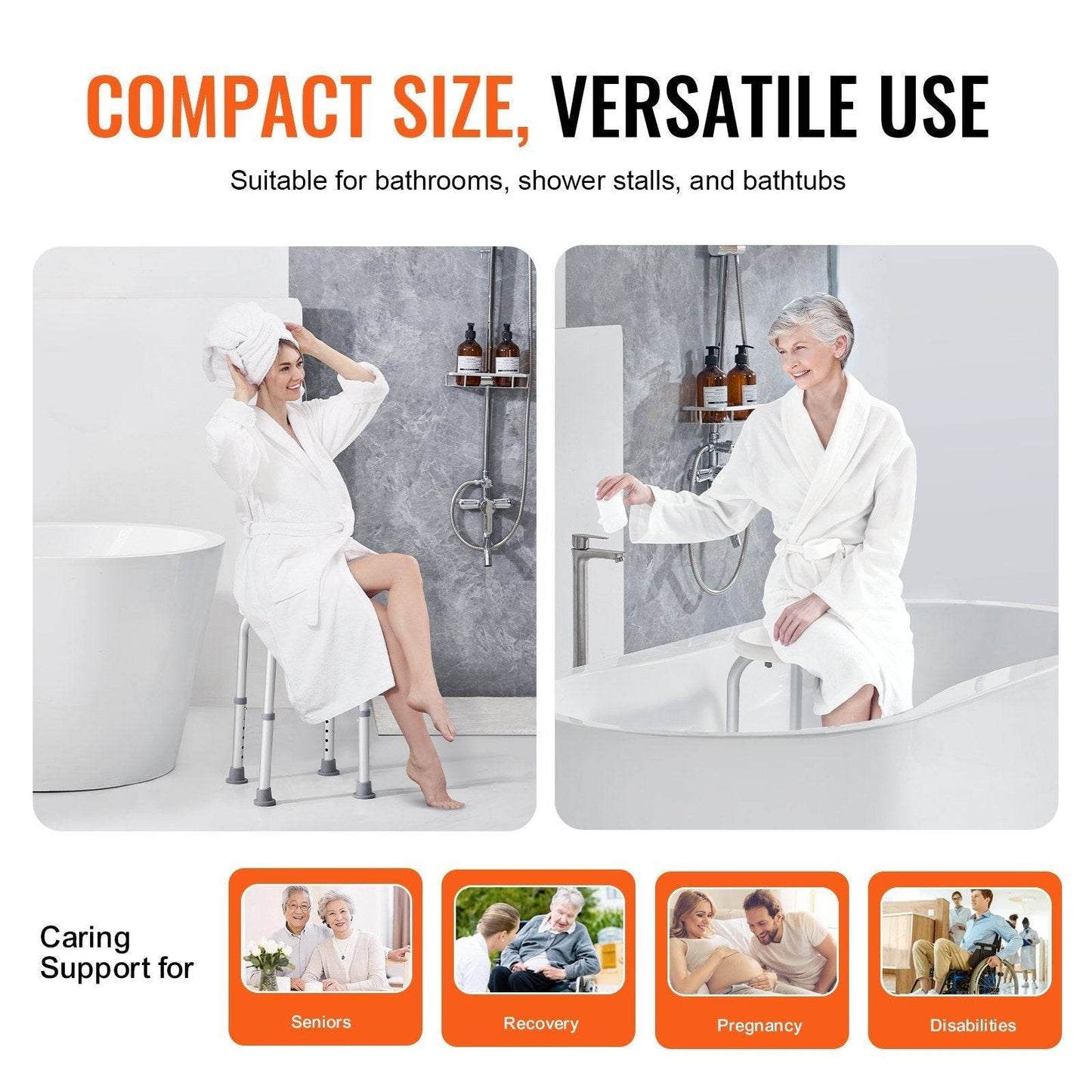 Shower Chair For Inside Shower, Adjustable Height Shower Stool, Non-Slip Bench Bathtub Seat Stool For Elderly Disabled Adults Handicap, 300 Lbs Capacity - Velora