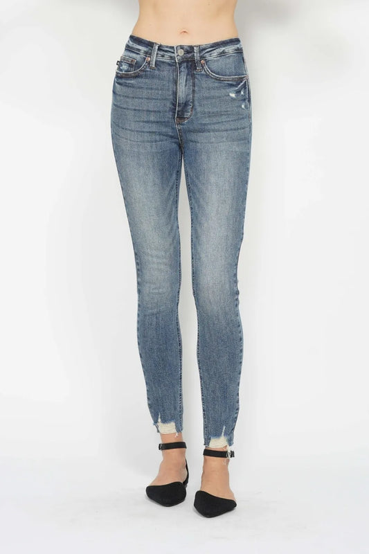Judy Blue Full Size Tummy Control Vintage Wash Hem Destroy Skinny Jeans - Velora
