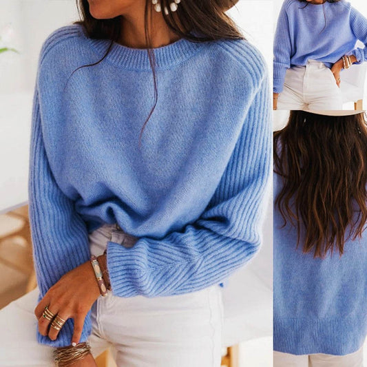 European Milk Blue Bedford Cord Sweater Women's Round-collar Long-sleeve Knitwear Casual Women's Clothing Fashion Knit Top Outerwear - Velora
