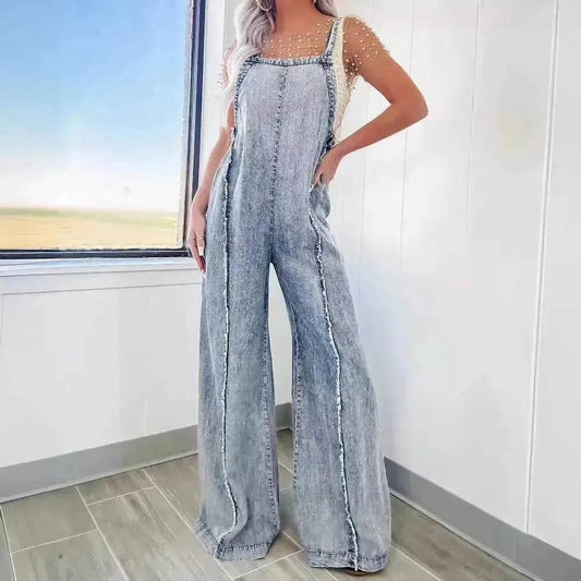 Retro Washed Raw Edge Denim Wide-leg Suspender Denim Jumpsuit Baggy Denim Jeans Jumper - Velora