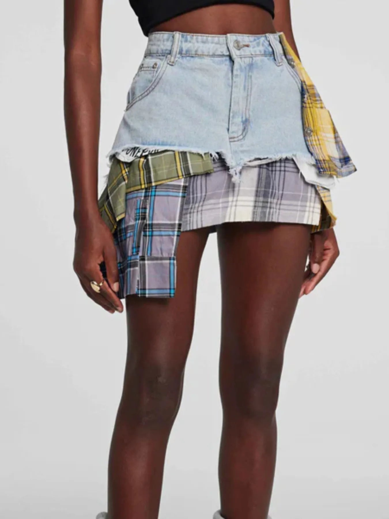 Raw Hem Denim Mini Skirt with Plaid Patch Details - Velora