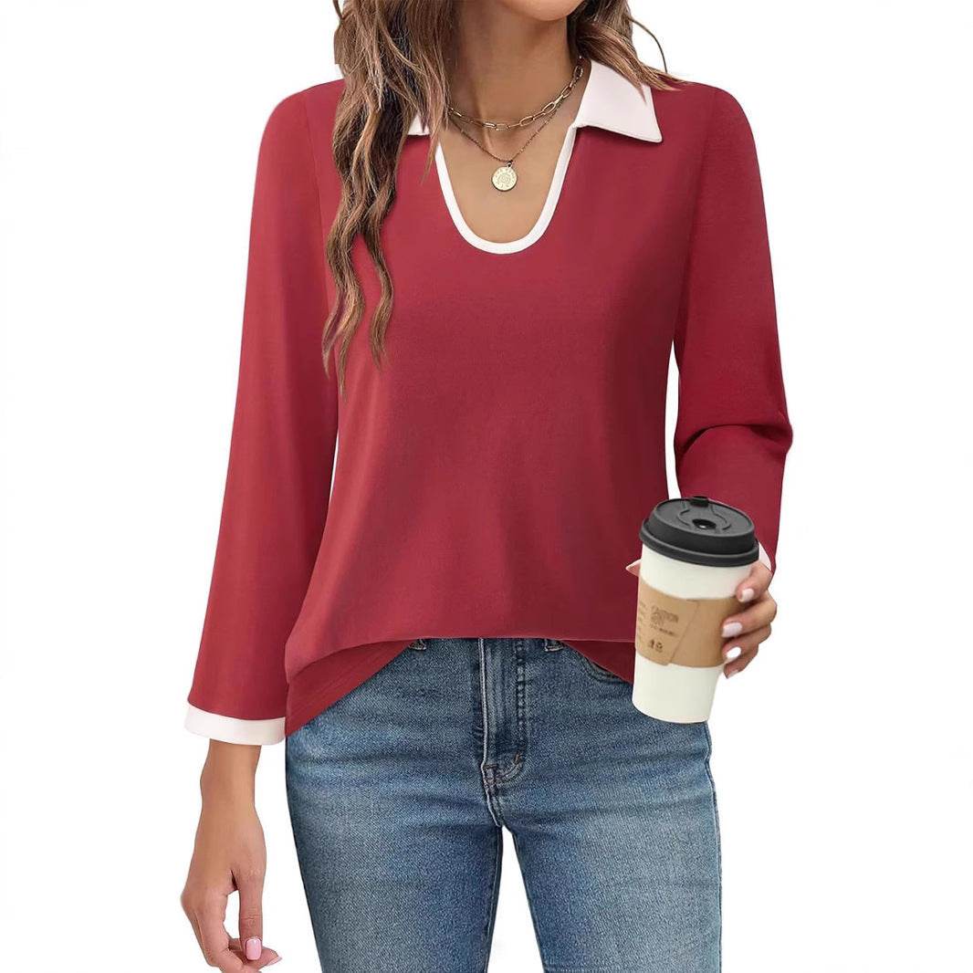 Casual Color Matching Lapel Long Sleeve Blouse Top Women - Velora