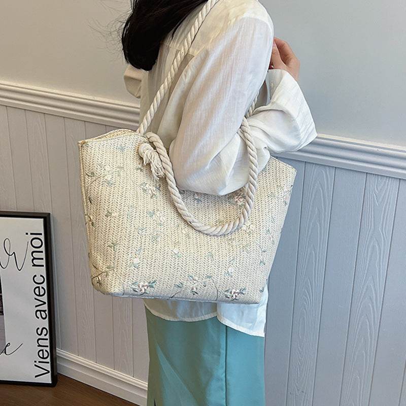New And Simple Straw Bag Lace Bag Ins Straw Shoulder Bag Large Capacity Flower Fashion Women Handbag - Velora