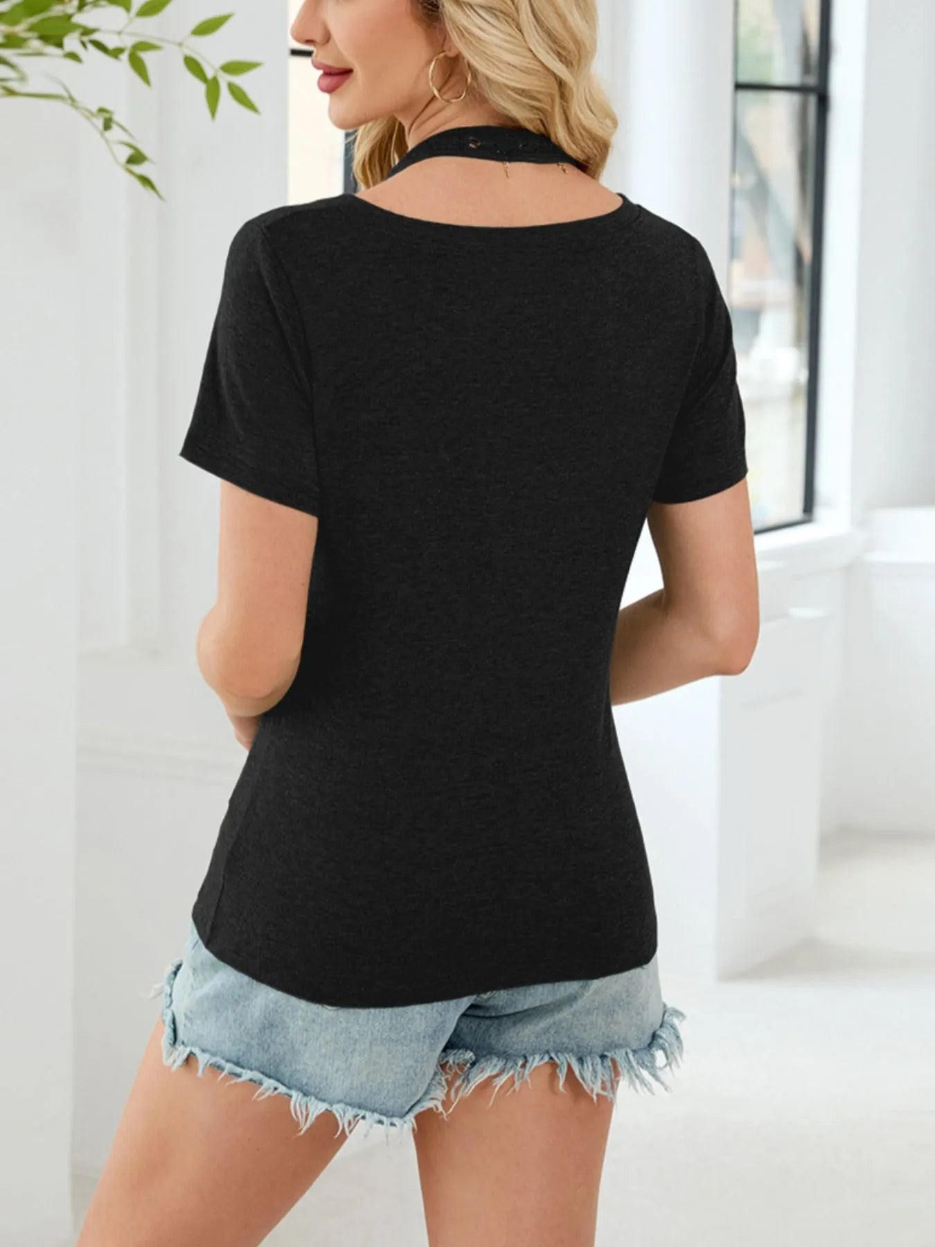 Lace Detail Short Sleeve T-Shirt - Velora