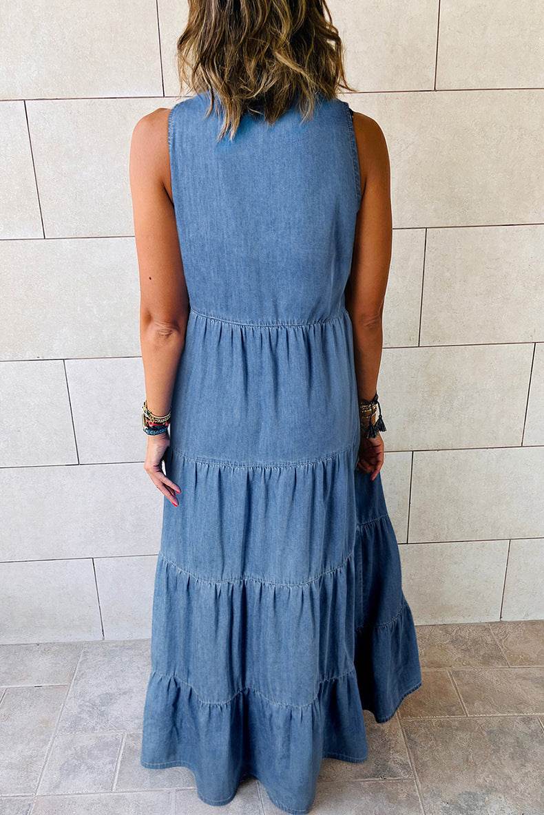 Women's Sleeveless Denim Fashion Retro High Waist Layered Dress - Velora