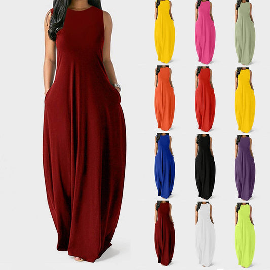 Women's Summer New Style Long Slim Slimming Solid Color Stitching Sleeveless Vest Dress - Velora