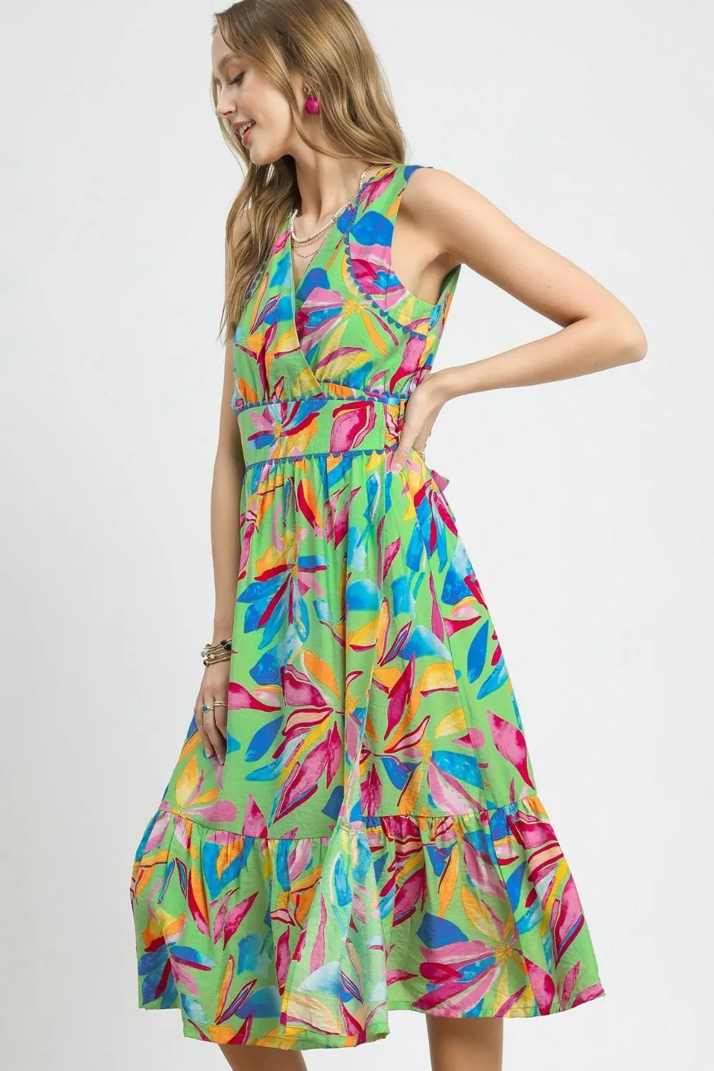Umgee Ruffled Hem Printed Sleeveless Midi Dress - Velora