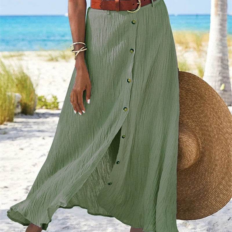 Women's summer Fashion Cotton Linen A-Line Hip Mid Waist Long maxi Skirt - Velora