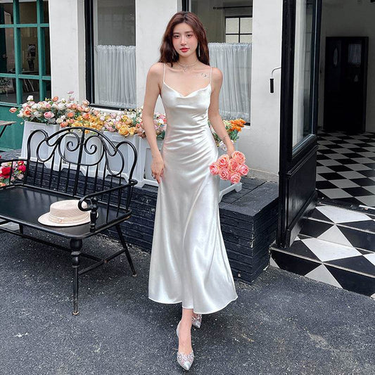 Acetate Strap Fairy Satin Sleeveless Dress Formal Dress - Velora