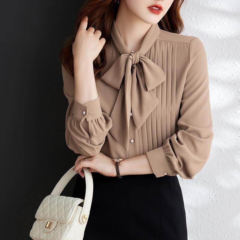 Women neck tie Chiffon Long Sleeve Shirt For work - Velora