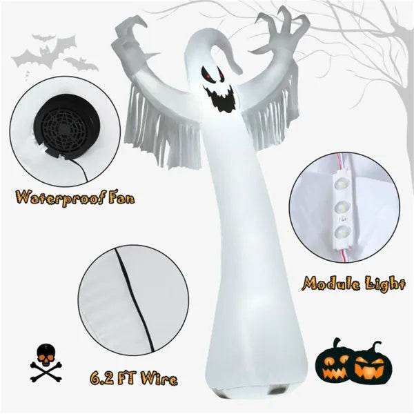 Spooky Halloween Inflatable Ghost - 12 Ft Tall With LED Lights, Waterproof Fabric, Spikes Ropes For Stability, White - Velora