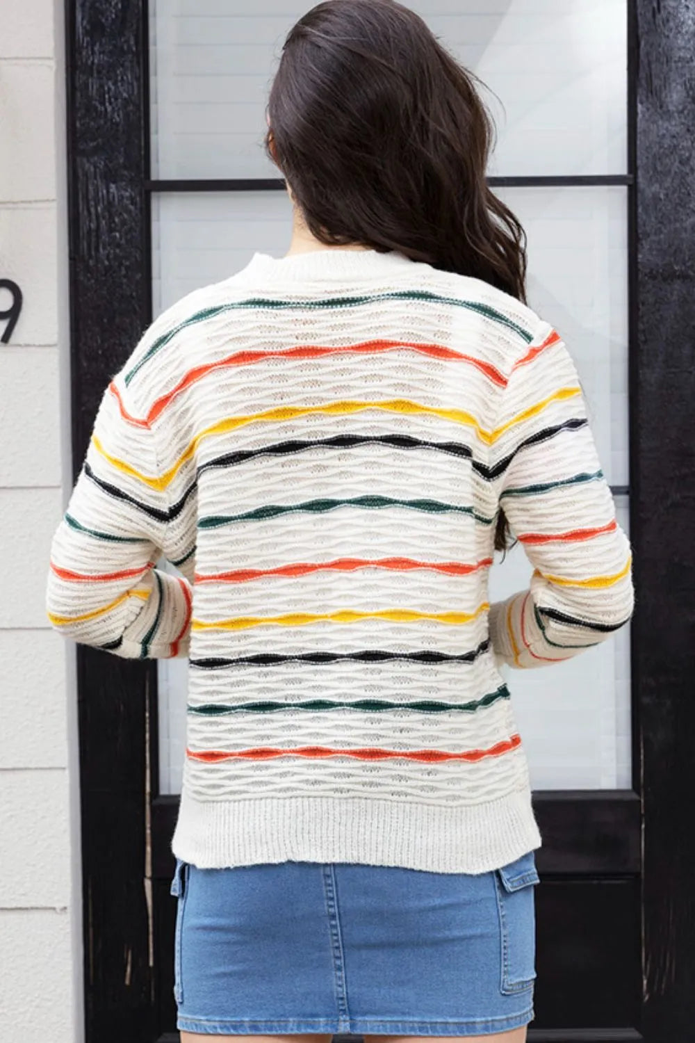 Striped Round Neck Long Sleeve Sweater - Velora