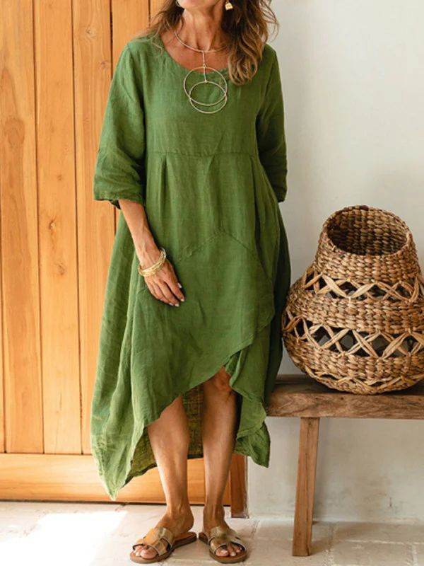 Women Maxi Dress Neck Pocket Summer Loose Casual Baggy Robe Female Retro Long Dresses - Velora