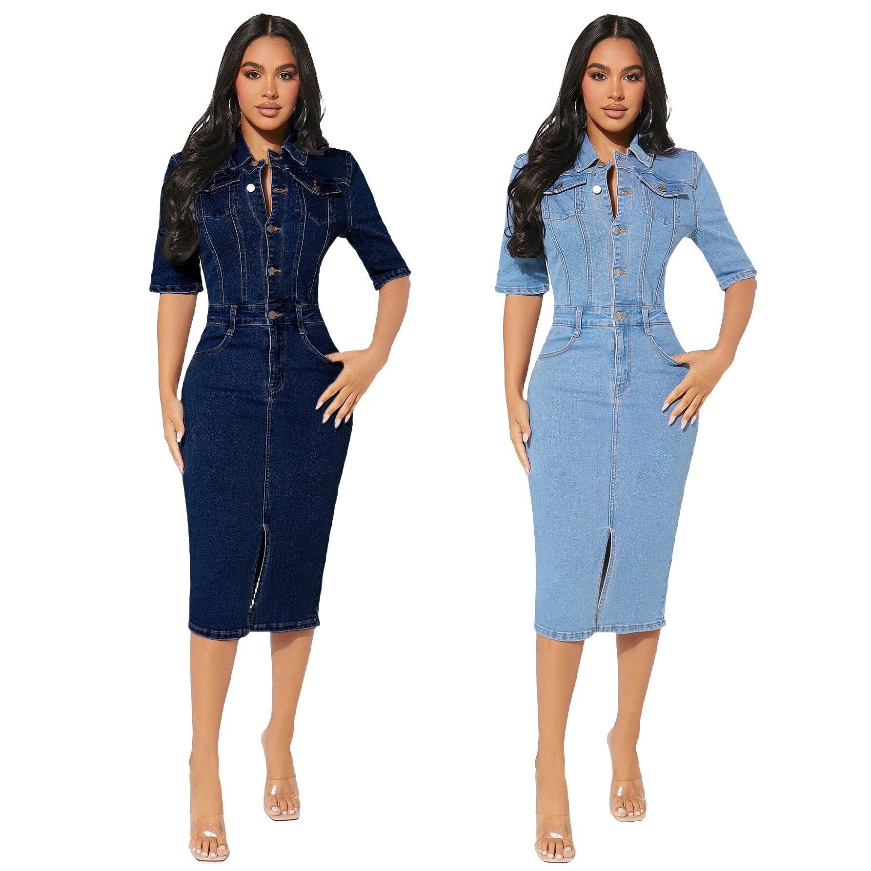 Women's Fashion Personality fitted Denim Hip-wrapped Jeans Midi straight cut front split Dress - Velora