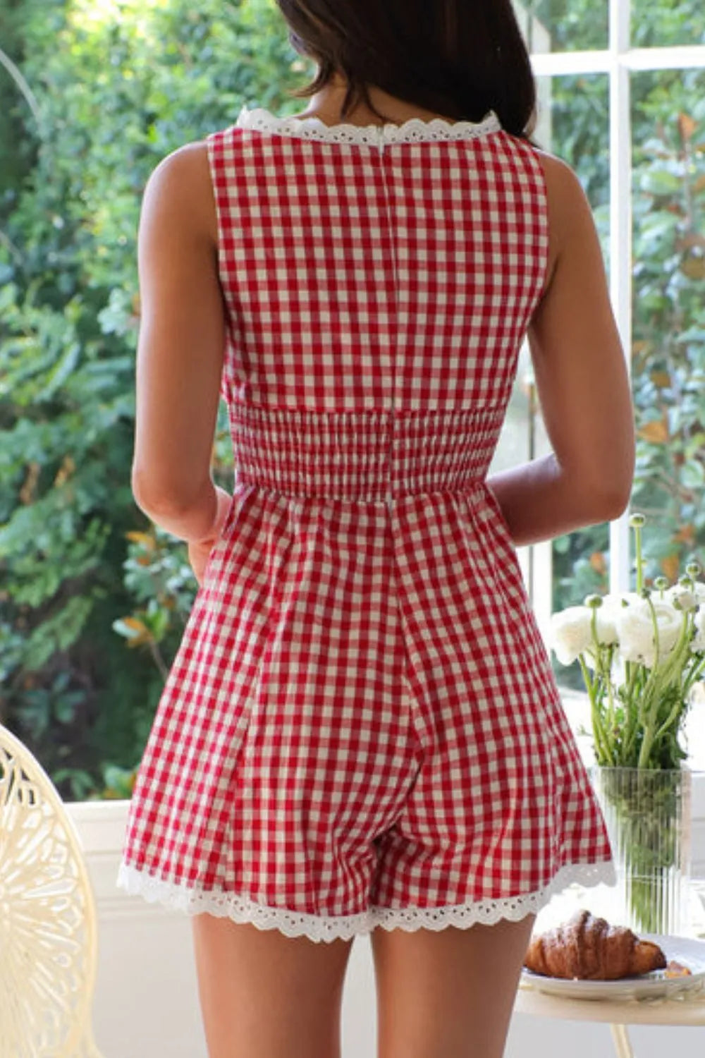 Lace Detail Plaid Sleeveless Romper - Velora