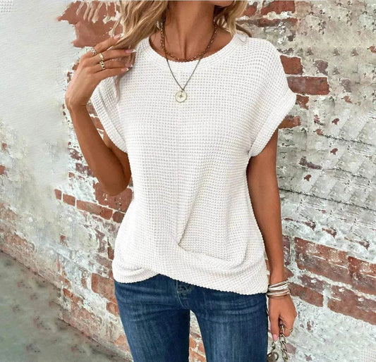Casual Summer Short-sleeved Waffle blouse Top Summer New Solid Color Casual Evening Top For Women - Velora