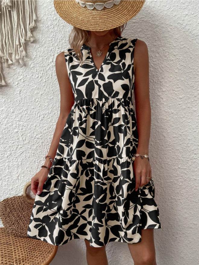 Bohemian Dresses Summer Beach Fashion Loose V-neck Pleated Print Sleeveless Dress For Women - Velora