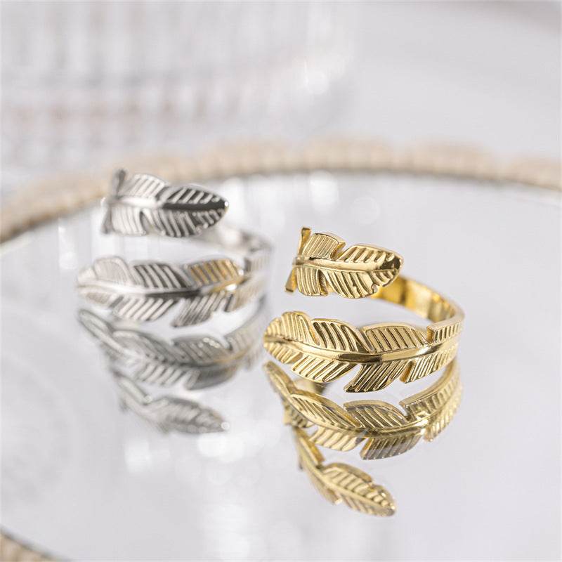 Feather Ring Open Titanium Steel Ring Gold And Silver Color Opening Rings Creative Simple Feather Handmade Party Jewelry Gifts - Velora