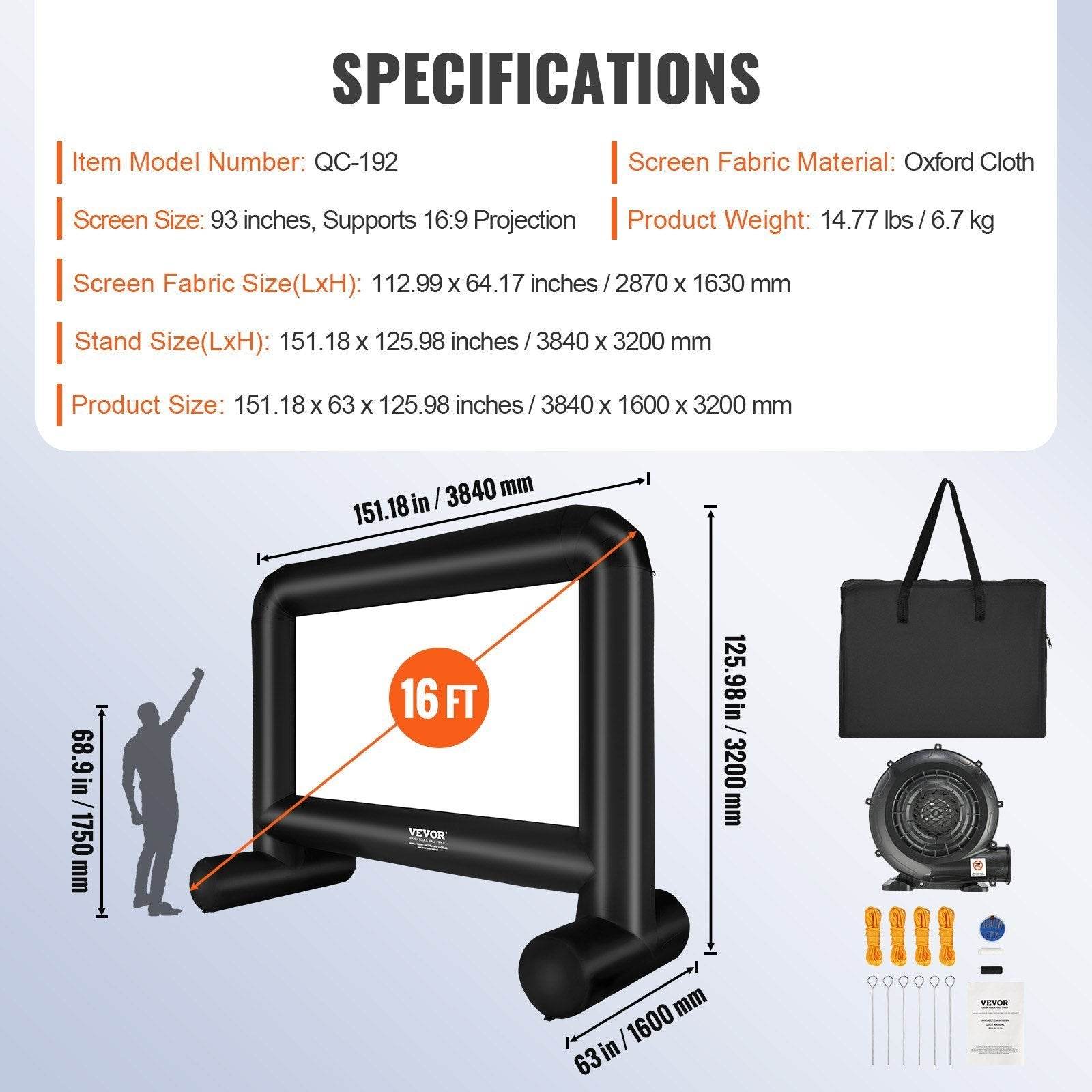 Inflatable Movie Screen, 16 FT Inflatable Projector Screen For Outside With Blower And Carrying Bag, Front Rear Projection, Oxford Fabric Blow Up Screen For Outdoor Parties Backyard Movie Nig - Velora