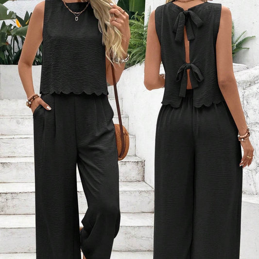 Women's Summer Muscle Simple Everyday Old Money Style Linen Tie Two Piece Set - Velora