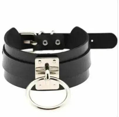 Gothic Punk Wide PU Leather O Ring BDSM Collar Choker Necklace Women Bondage Collar - Velora