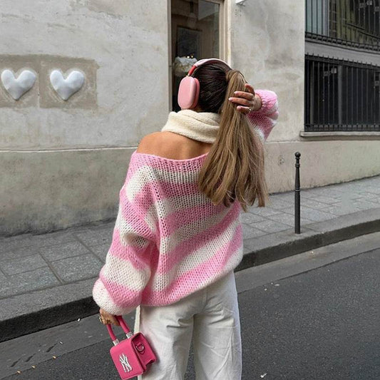 Loose Striped Pullover Sweater Fashion Versatile Long-sleeved Knitted Tops For Women Clothing - Velora