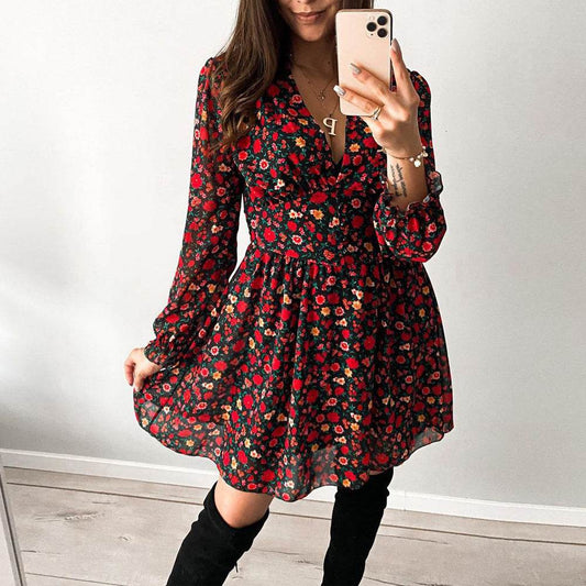 Spring Summer V-neck Long sleeve Floral Mini dress - Velora